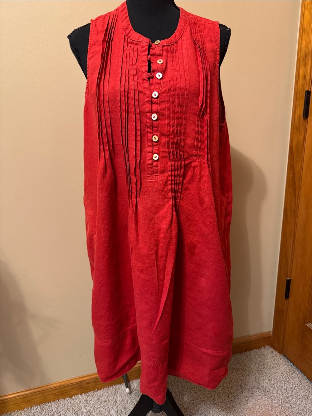 Quince Crimson Sleeveless Pintuck Midi Dress
